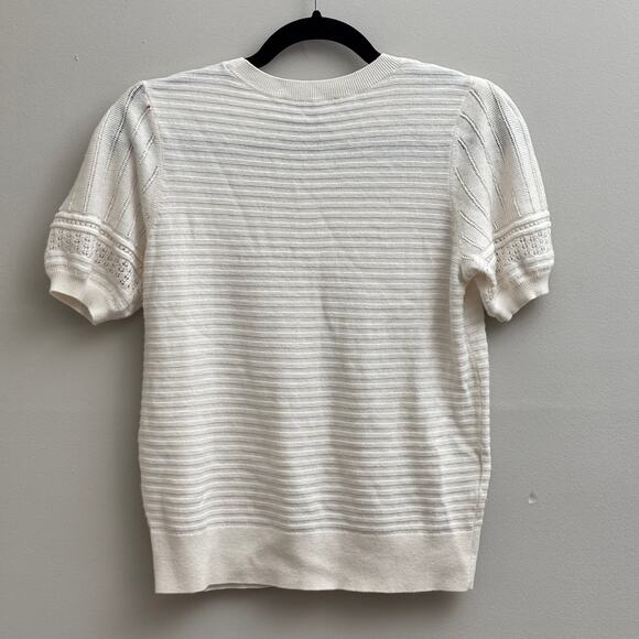 Loft Cream/White Ruffle Puff Sleeve Sweater Open Knit Tee Women's Size Medium - Picture 6 of 8